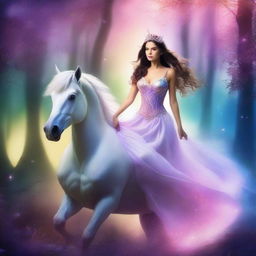 A beautiful brunette woman with an ample bust riding a majestic unicorn through a fantasy forest