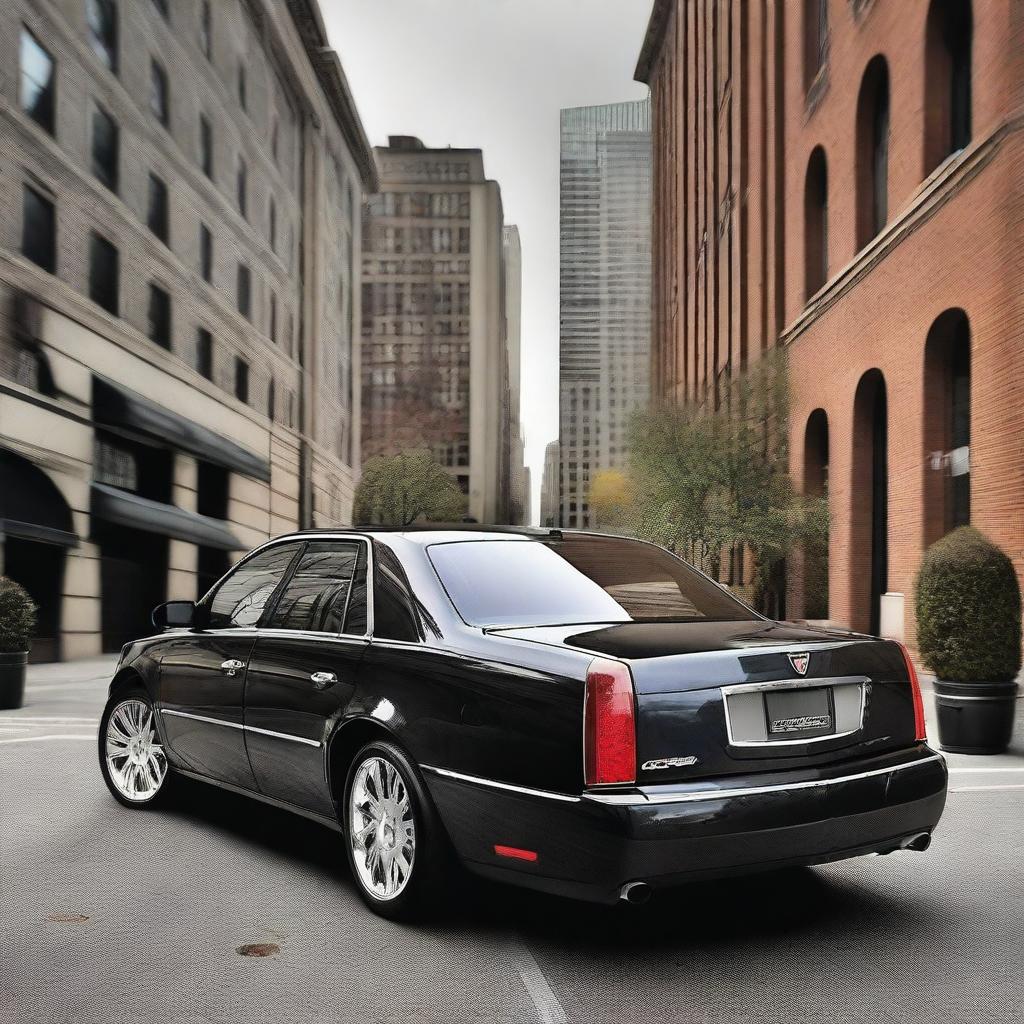 Create an image of a Cadillac DTS that has been modified with a small spoiler at the rear