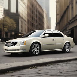 Create an image of a Cadillac DTS that has been modified with a small spoiler at the rear