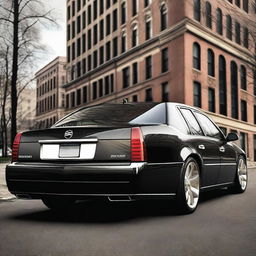 Create an image of a Cadillac DTS that has been modified with a small spoiler at the rear