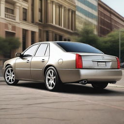 Create an image of a Cadillac DTS that has been modified with a small spoiler at the rear