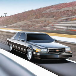 Create an image of a drag strip featuring a high-performance sporty sedan with a monstrous 9