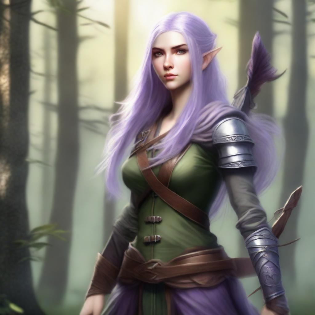 A female half-elf ranger with long lavender hair and grey eyes