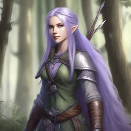 A female half-elf ranger with long lavender hair and grey eyes