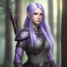 A female half-elf ranger with long lavender hair and grey eyes