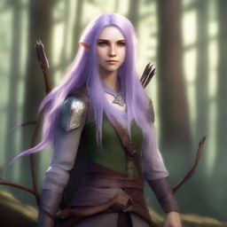 A female half-elf ranger with long lavender hair and grey eyes