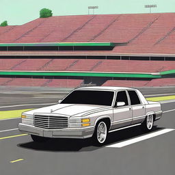 Create an image of a drag strip featuring a high-performance sporty sedan with a monstrous 9