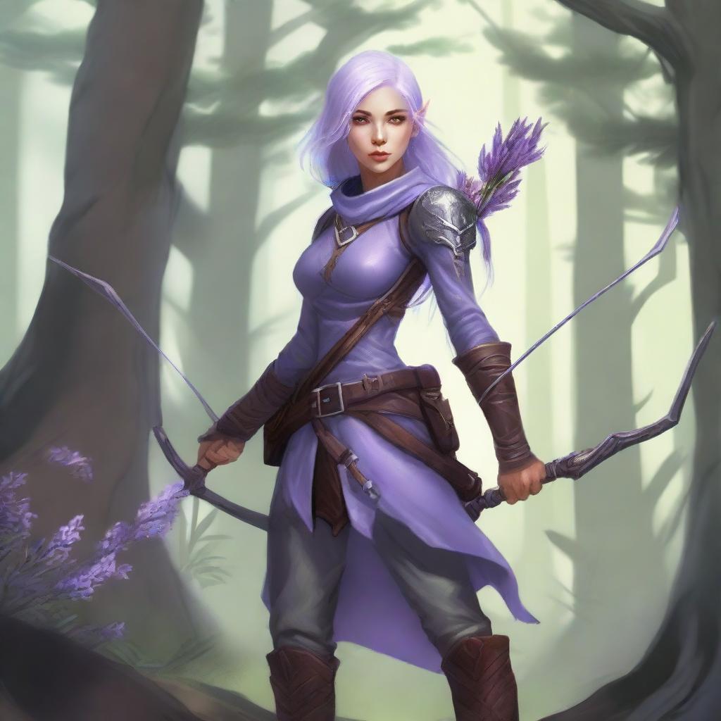 A female half-elf ranger with lavender hair and light grey eyes, standing in a mystical forest