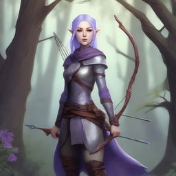 A female half-elf ranger with lavender hair and light grey eyes, standing in a mystical forest