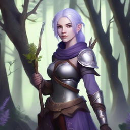 A female half-elf ranger with lavender hair and light grey eyes, standing in a mystical forest