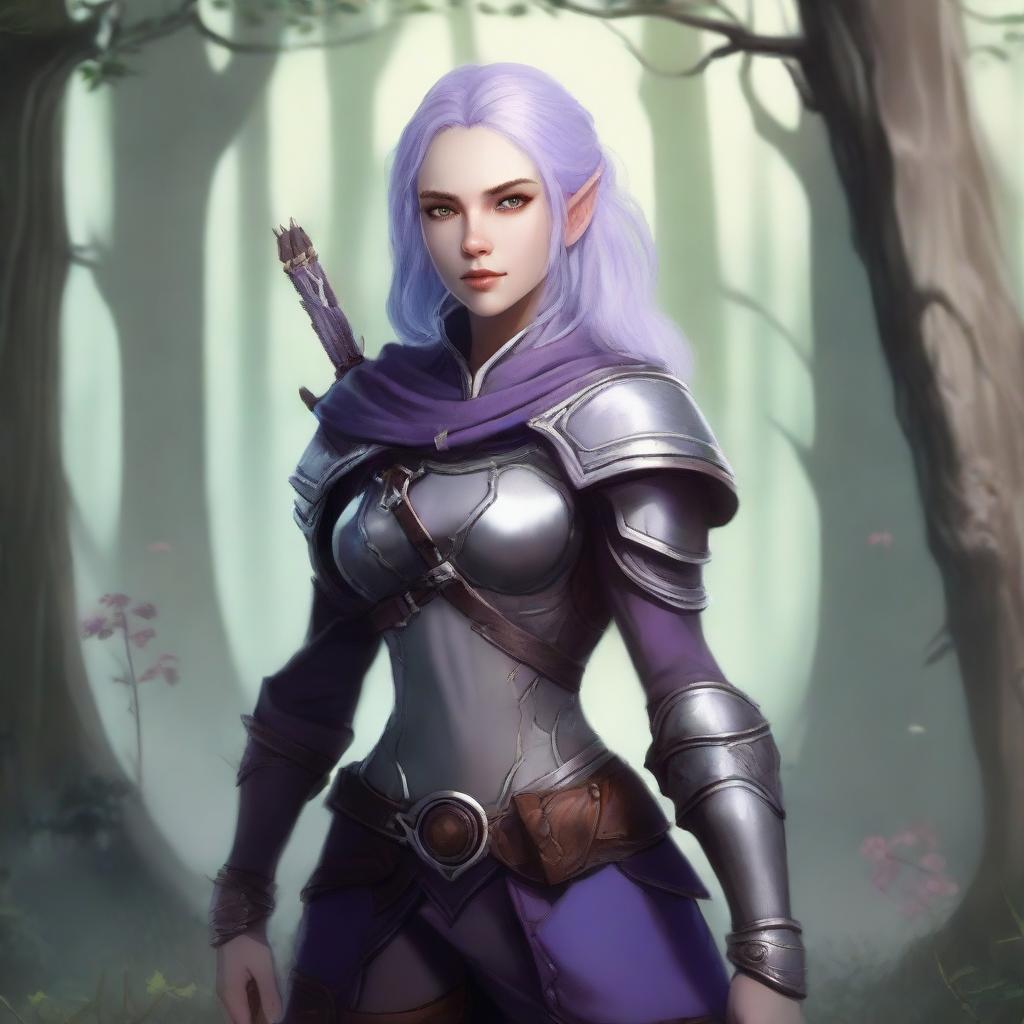 A female half-elf ranger with lavender hair and light grey eyes, standing in a mystical forest