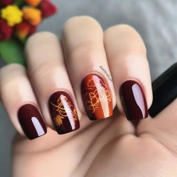 A set of voluminous autumn-inspired nails with intricate designs