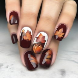 A set of voluminous autumn-inspired nails with intricate designs