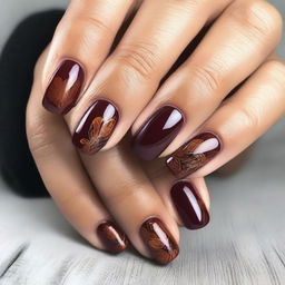 A set of voluminous autumn-inspired nails with intricate designs