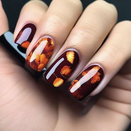 A set of voluminous autumn-inspired nails with intricate designs