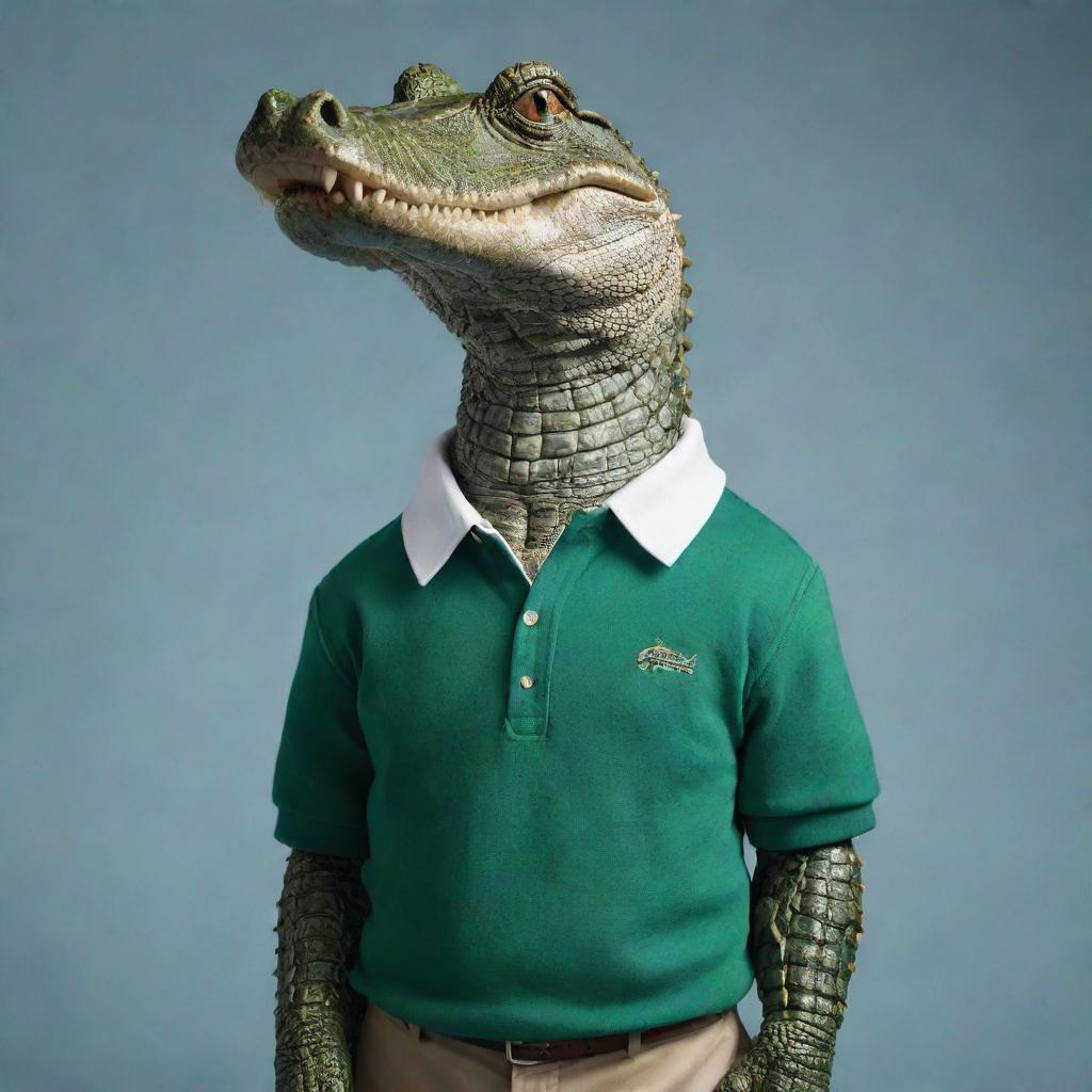 An anthropomorphic alligator dressed in a polo shirt