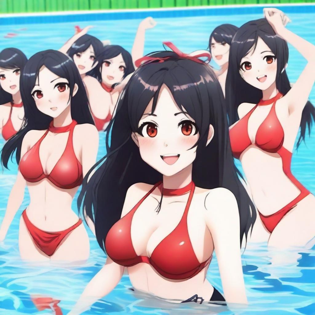 Create an anime-style image of a woman with long black hair with red tips, red eyes, wearing a red swimsuit