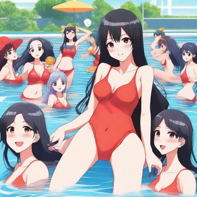 Create an anime-style image of a woman with long black hair with red tips, red eyes, wearing a red swimsuit