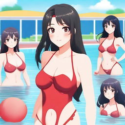 Create an anime-style image of a woman with long black hair with red tips, red eyes, wearing a red swimsuit