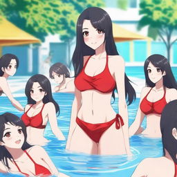 Create an anime-style image of a woman with long black hair with red tips, red eyes, wearing a red swimsuit