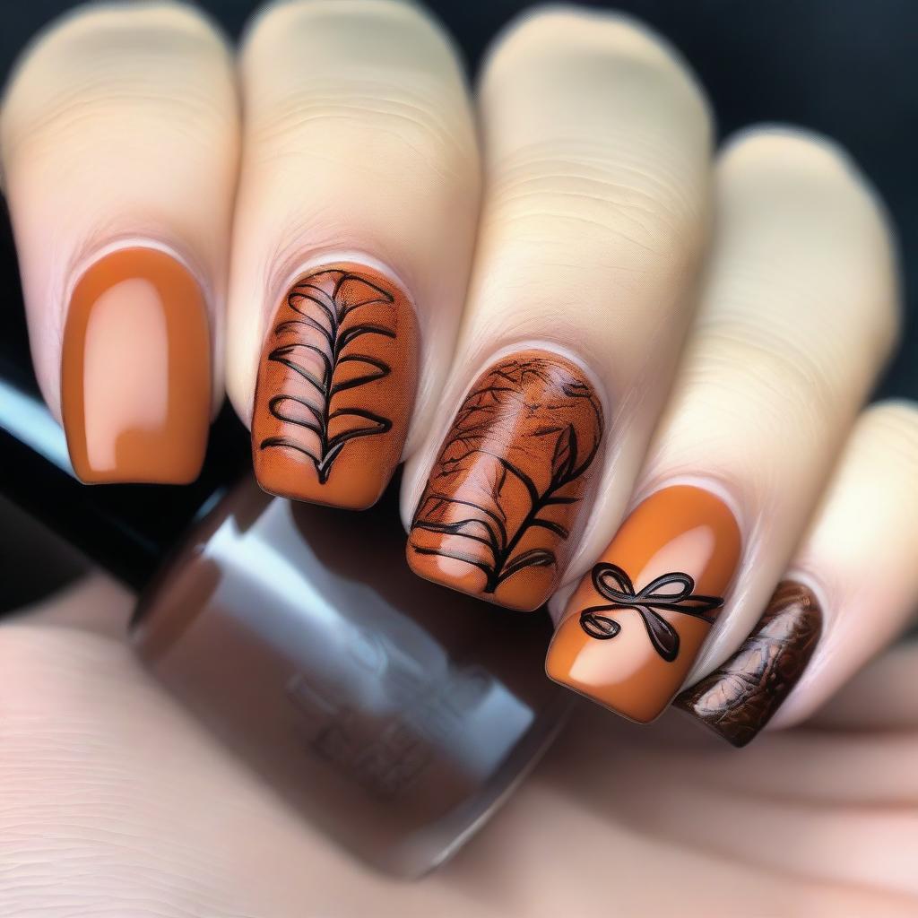 A beautiful autumn-themed nail design featuring embossed patterns