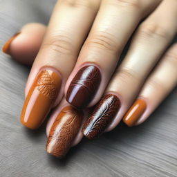 A beautiful autumn-themed nail design featuring embossed patterns