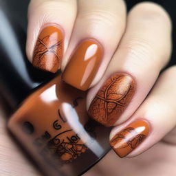 A beautiful autumn-themed nail design featuring embossed patterns