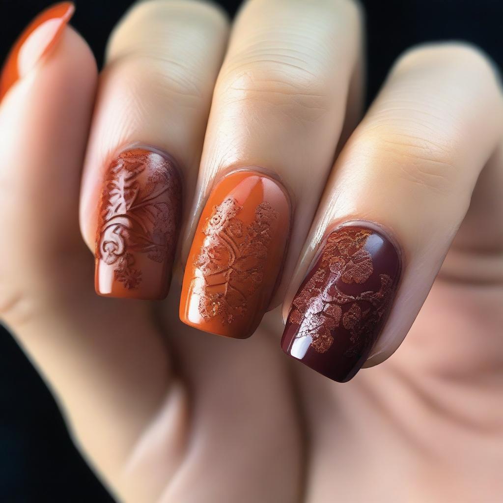 A beautiful autumn-themed nail design featuring embossed patterns