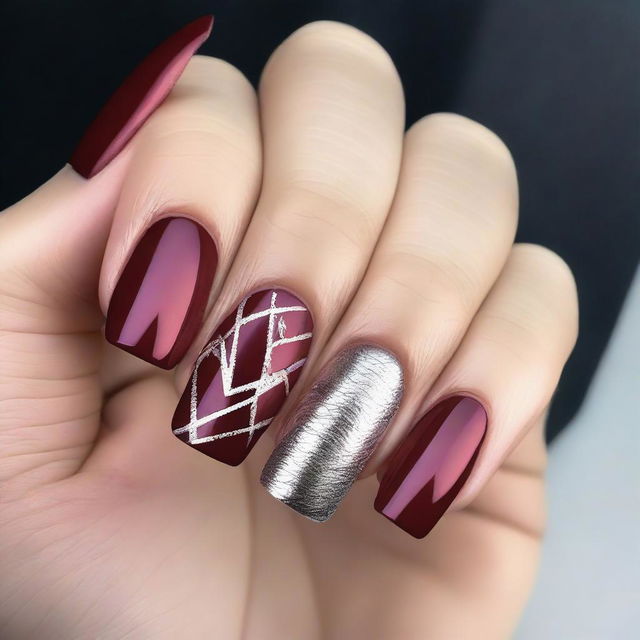 A detailed design of red nails featuring silver accents and raised textures