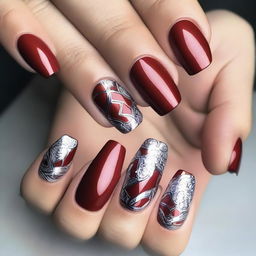 A detailed design of red nails featuring silver accents and raised textures