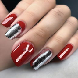 A detailed design of red nails featuring silver accents and raised textures