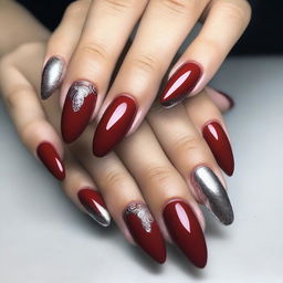 A detailed design of red nails featuring silver accents and raised textures