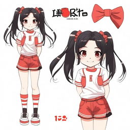 Create an anime-style image of a happy girl with long black hair with red tips, wearing two ponytails