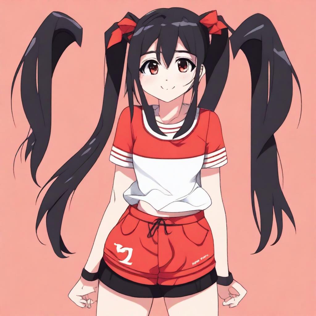 Create an anime-style image of a happy girl with long black hair with red tips, wearing two ponytails