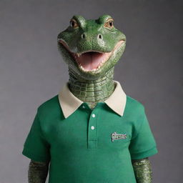 An anthropomorphic alligator dressed in a polo shirt