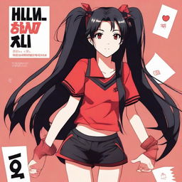 Create an anime-style image of a happy girl with long black hair with red tips, wearing two ponytails