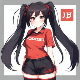 Create an anime-style image of a happy girl with long black hair with red tips, wearing two ponytails