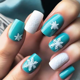 Creative winter nail design with embossed patterns, featuring trendy colors