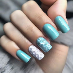 Creative winter nail design with embossed patterns, featuring trendy colors