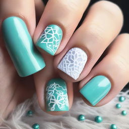 Creative winter nail design with embossed patterns, featuring trendy colors