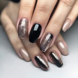 Design beige and black nails with glitter and diamonds