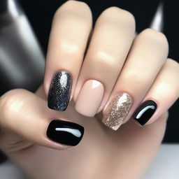 Design beige and black nails with glitter and diamonds