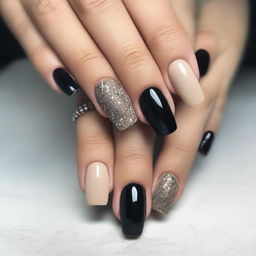 Design beige and black nails with glitter and diamonds