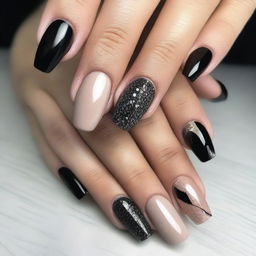 Design beige and black nails with glitter and diamonds