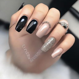 A set of beige nails with black details and glitter