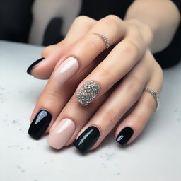 A set of beige nails with black details and glitter