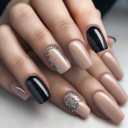 A set of beige nails with black details and glitter