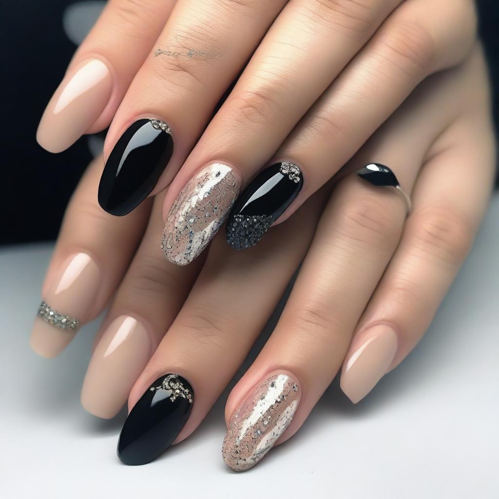 A set of beige nails with black details and glitter