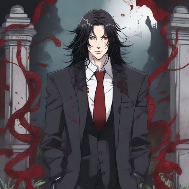 A larger than life 6'1 height male with black long wavy hair to the shoulder, Asian, with red sharp eyes standing in a graveyard background