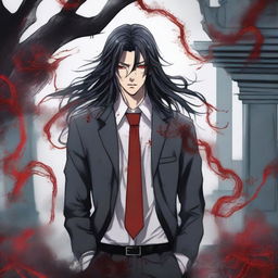 A larger than life 6'1 height male with black long wavy hair to the shoulder, Asian, with red sharp eyes standing in a graveyard background